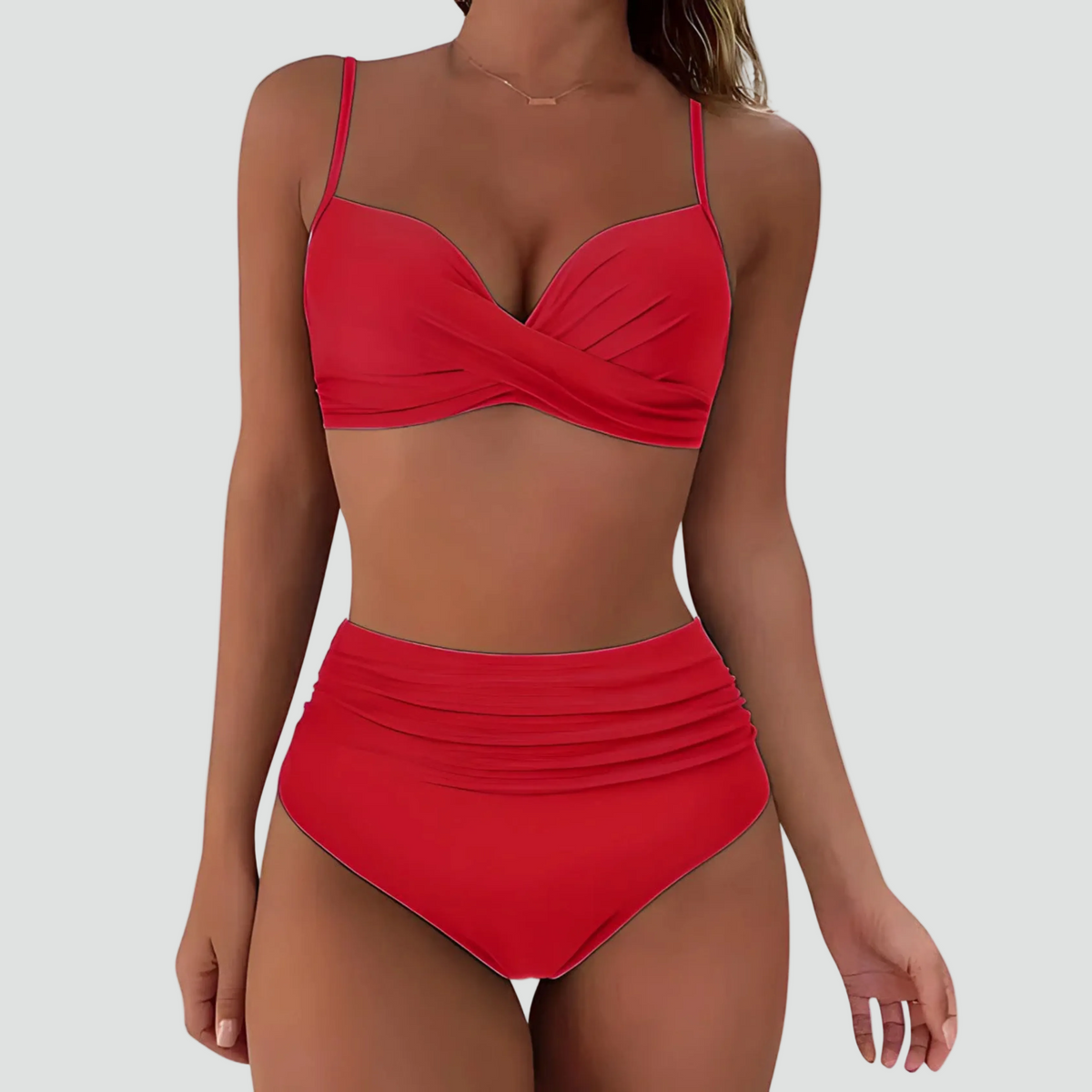 Women's ruched high-waisted bikini set with crossover top and spaghetti straps