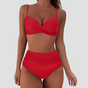 Women's ruched high-waisted bikini set with crossover top and spaghetti straps