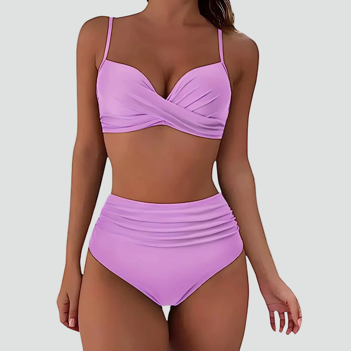 Women's ruched high-waisted bikini set with crossover top and spaghetti straps