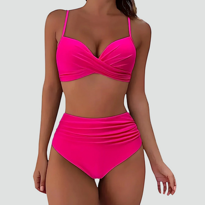 Women's ruched high-waisted bikini set with crossover top and spaghetti straps