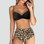 Women's ruched high-waisted bikini set with crossover top and spaghetti straps
