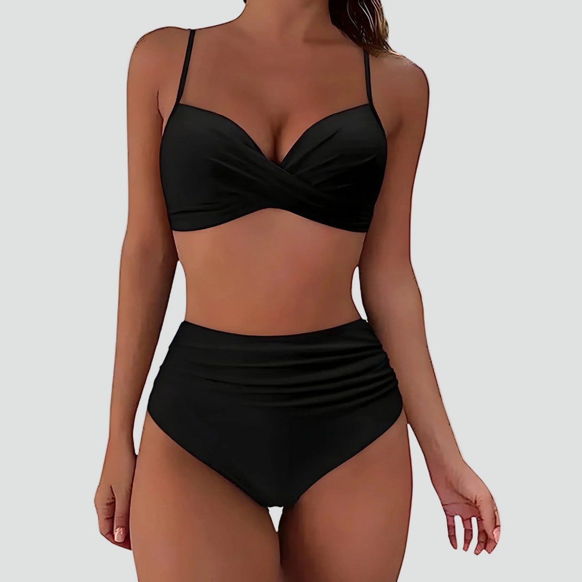 Women's ruched high-waisted bikini set with crossover top and spaghetti straps
