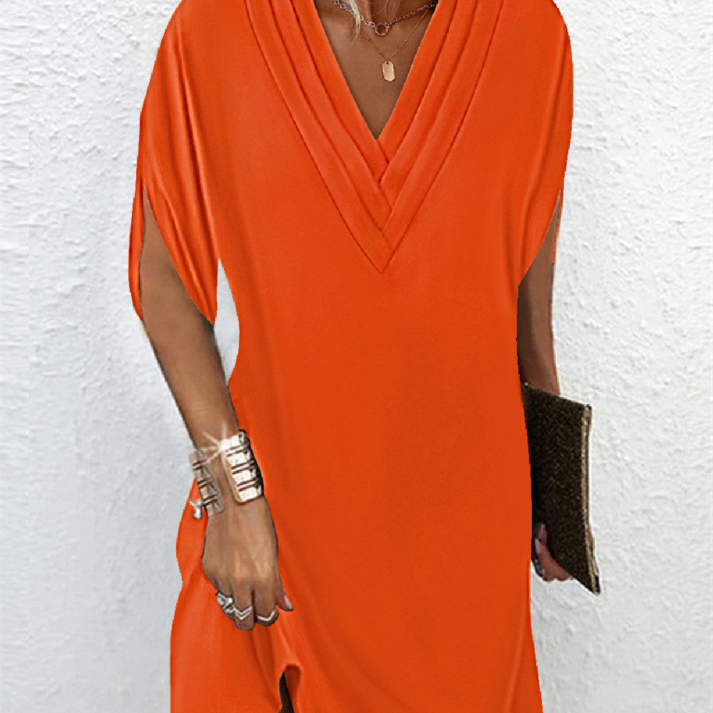 Women's plain V-neck mini dress with split short sleeves