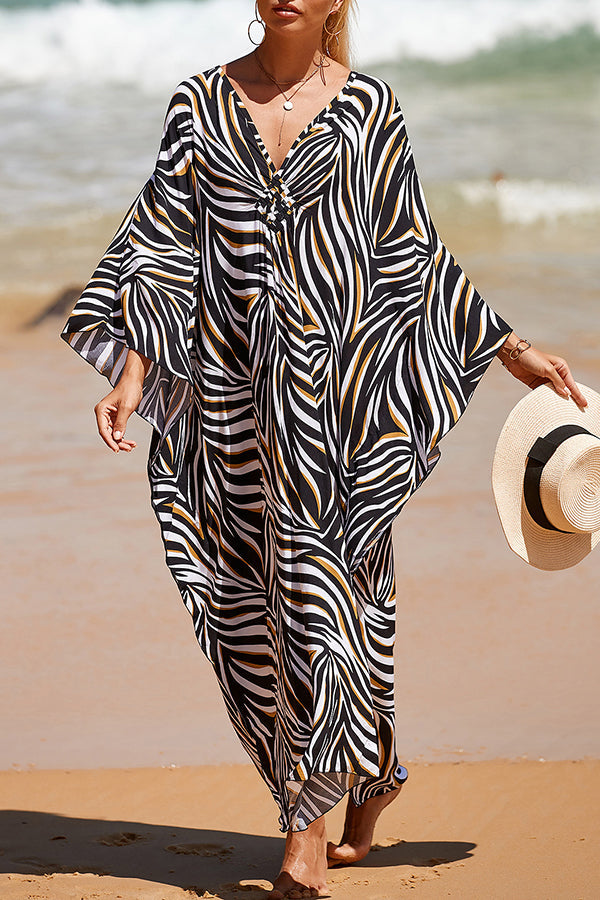 Women's printed pleated swimwear cover up with V-neck and side slits