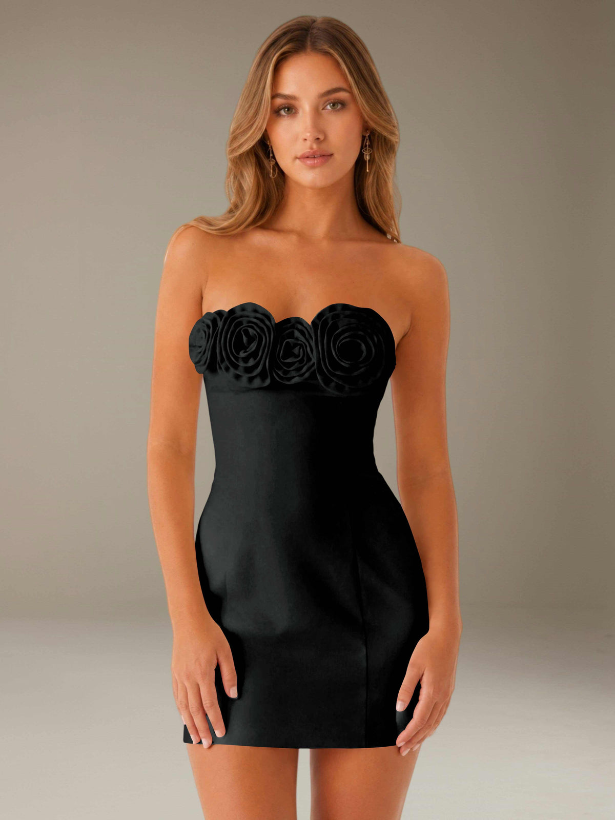 Strapless mini dress with raised floral rosette trim