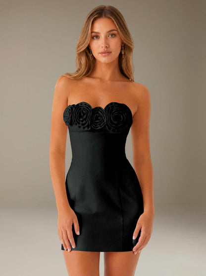 Strapless mini dress with raised floral rosette trim