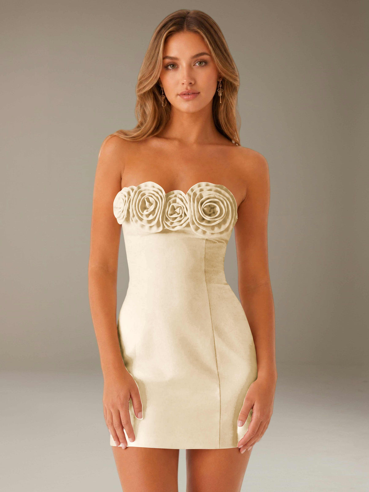 Strapless mini dress with raised floral rosette trim