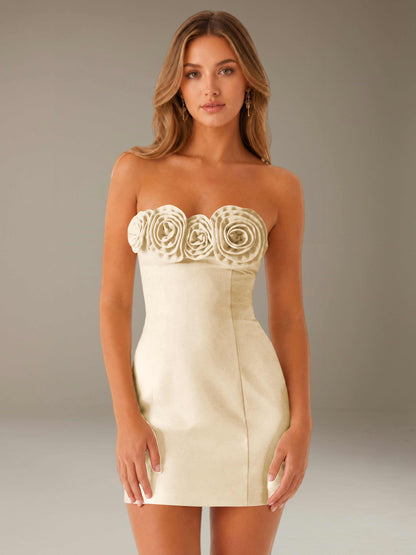 Strapless mini dress with raised floral rosette trim