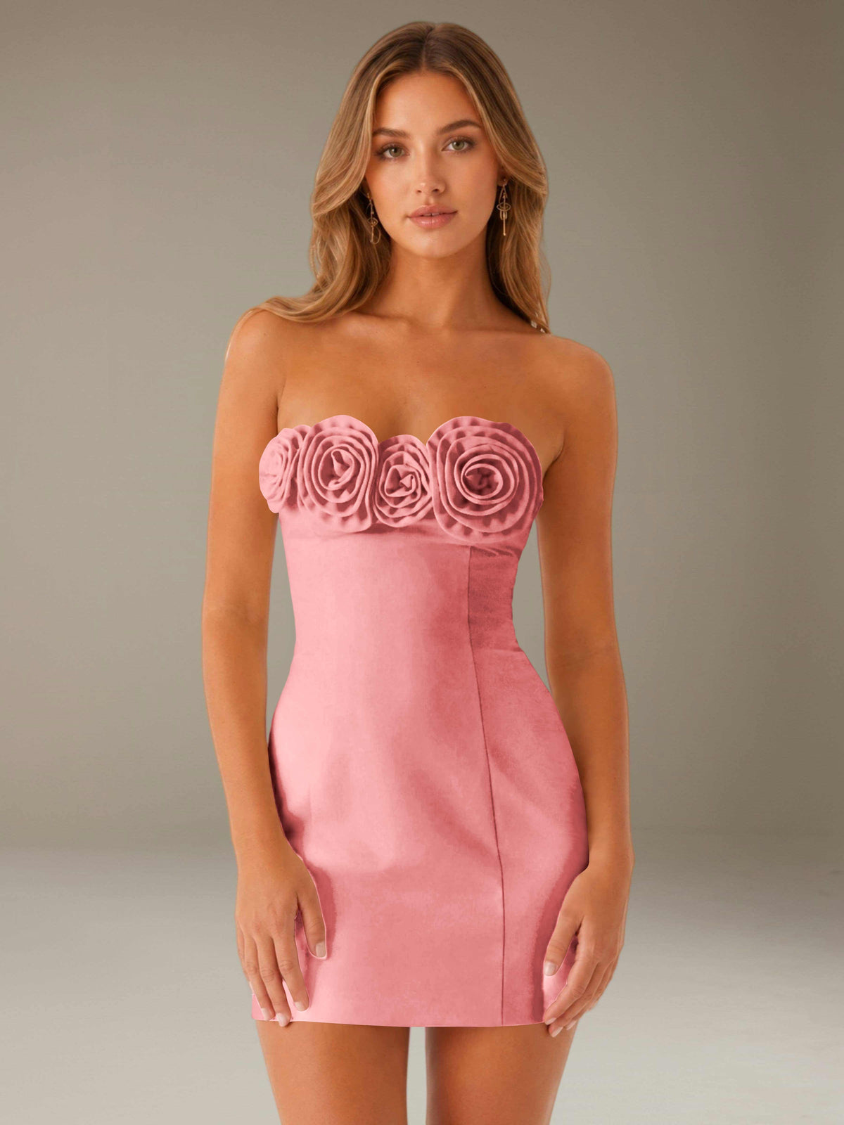 Strapless mini dress with raised floral rosette trim