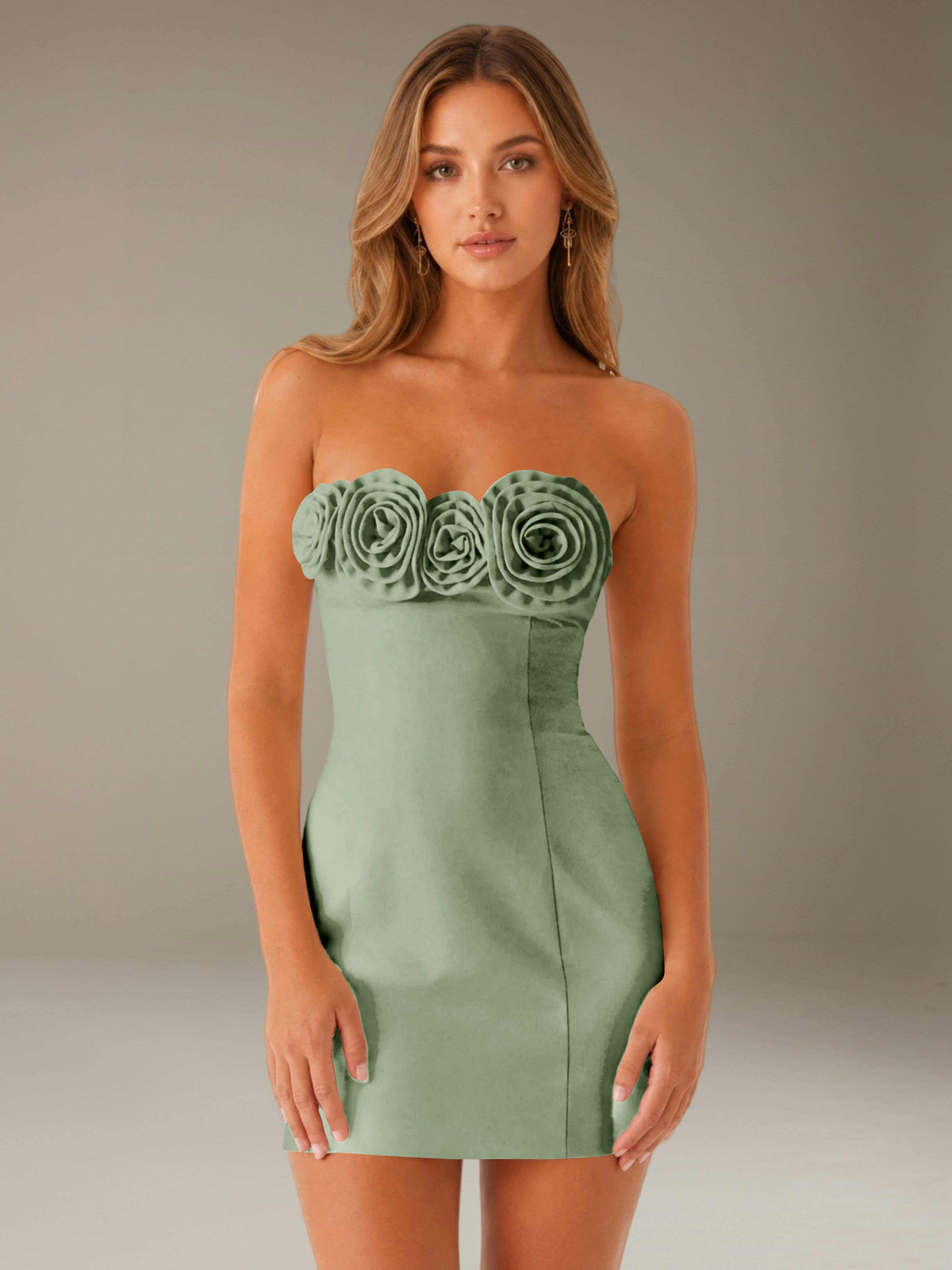 Strapless mini dress with raised floral rosette trim