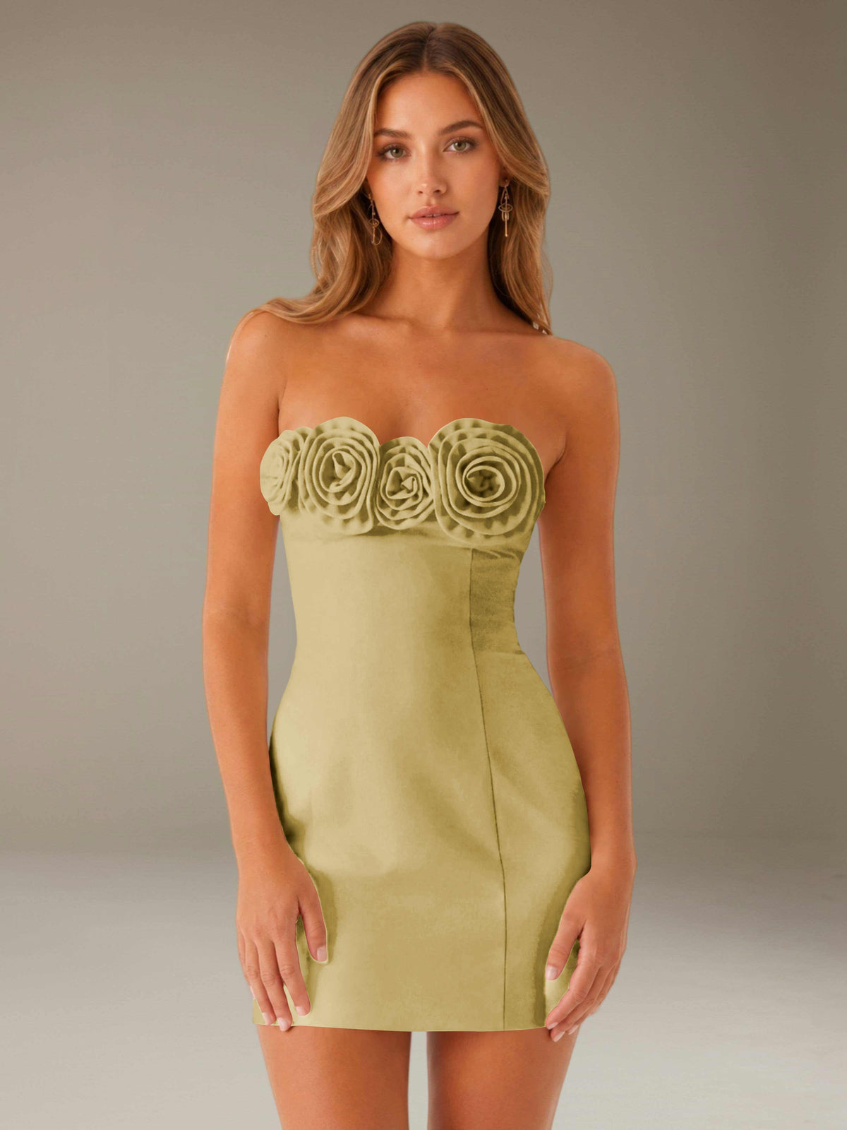 Strapless mini dress with raised floral rosette trim