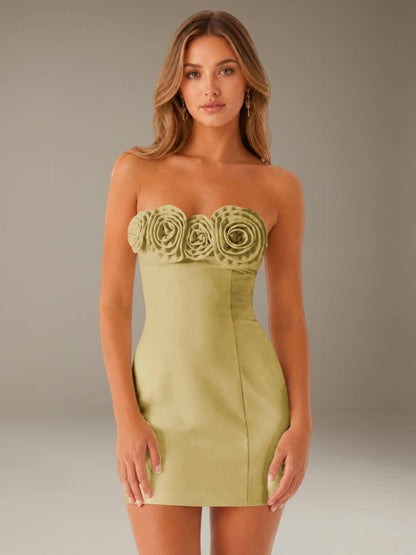 Strapless mini dress with raised floral rosette trim
