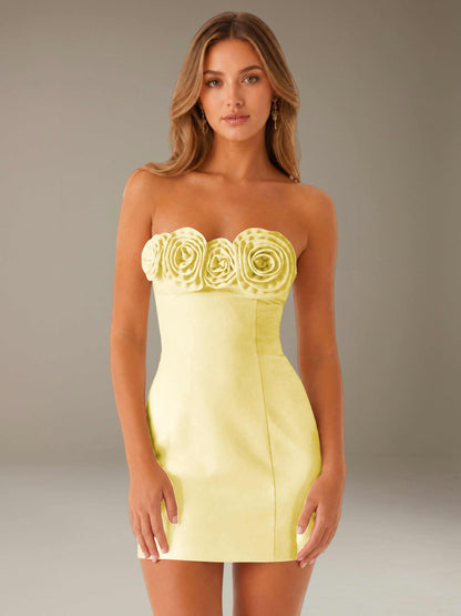 Strapless mini dress with raised floral rosette trim