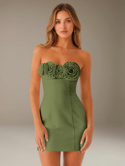 Strapless mini dress with raised floral rosette trim