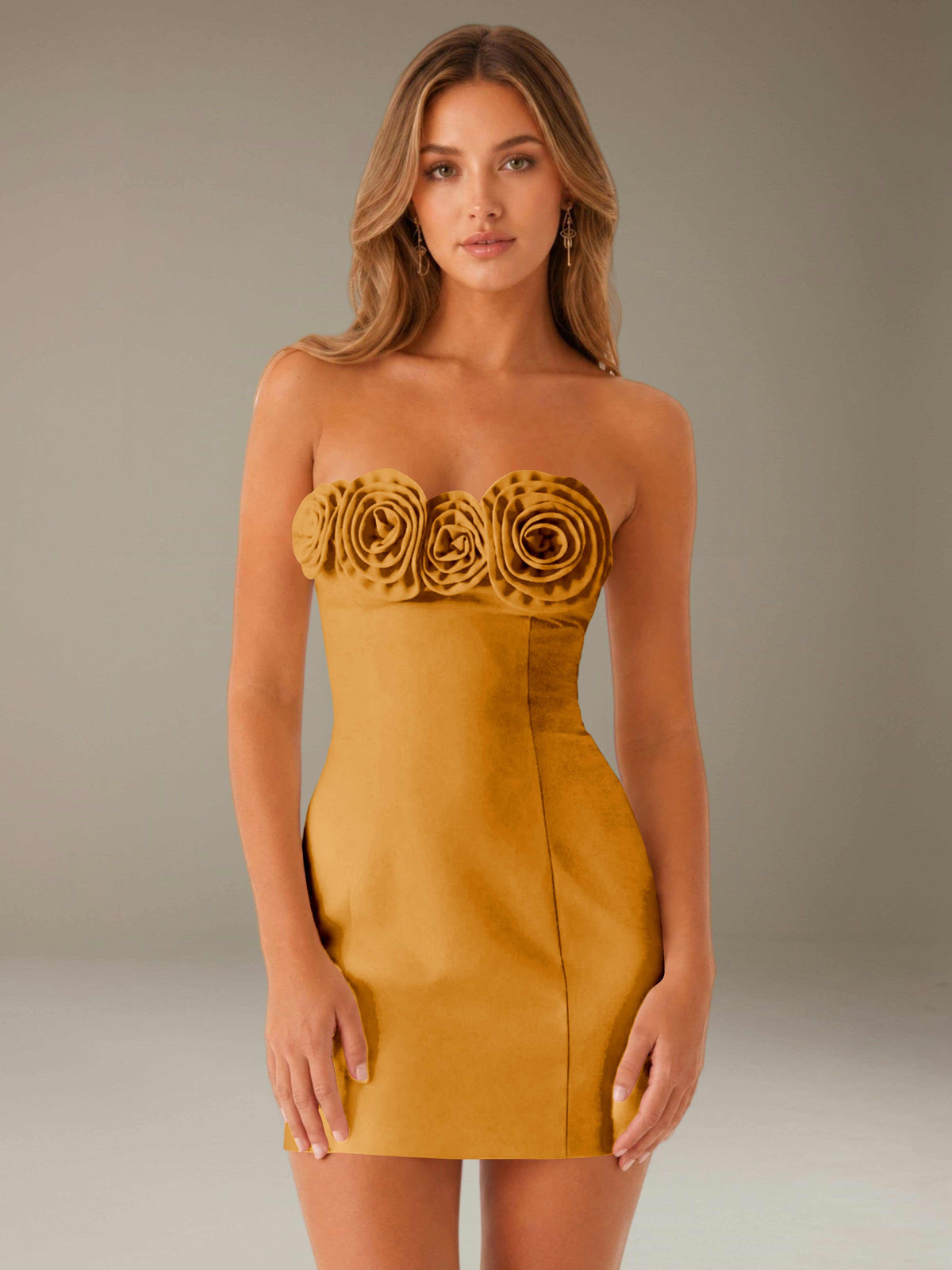 Strapless mini dress with raised floral rosette trim