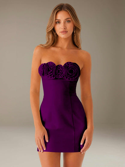 Strapless mini dress with raised floral rosette trim