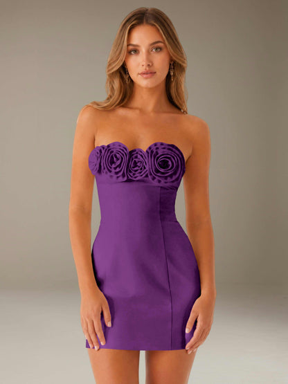 Strapless mini dress with raised floral rosette trim