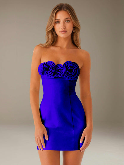 Strapless mini dress with raised floral rosette trim