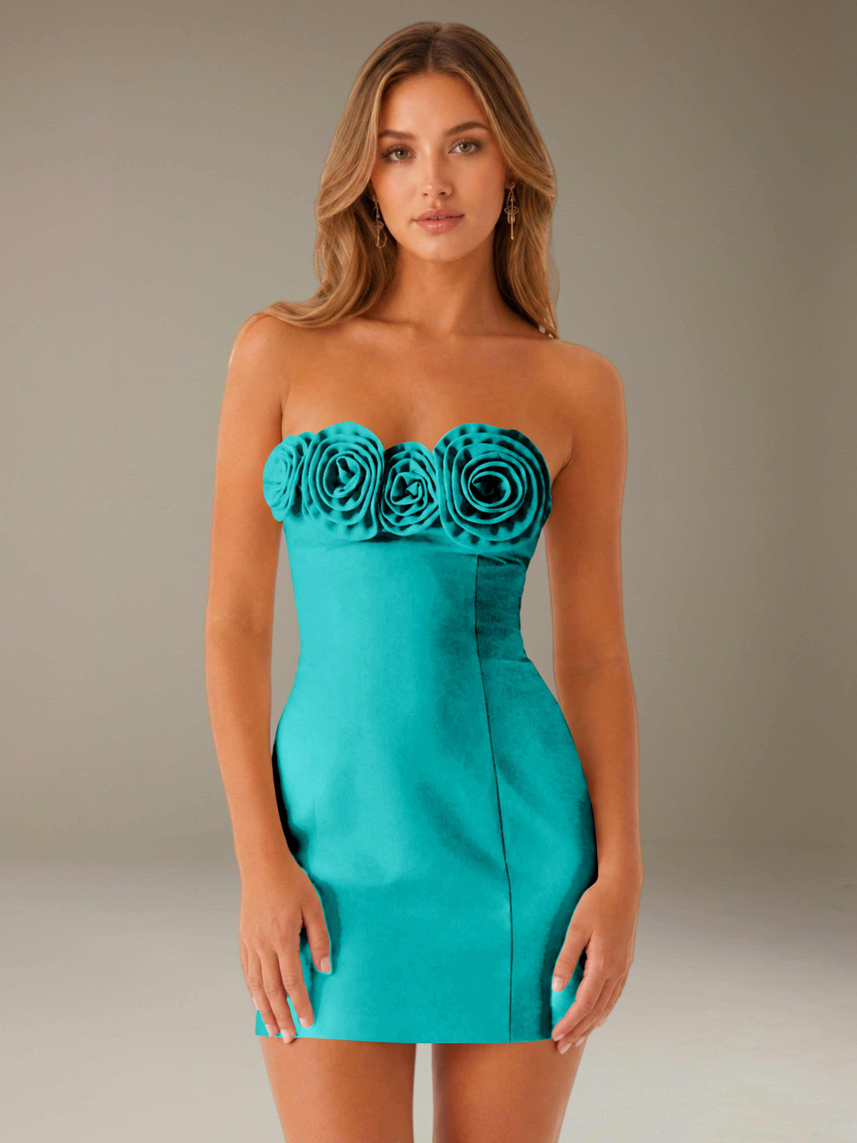 Strapless mini dress with raised floral rosette trim