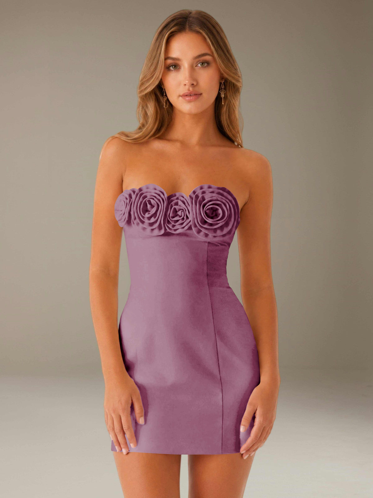 Strapless mini dress with raised floral rosette trim