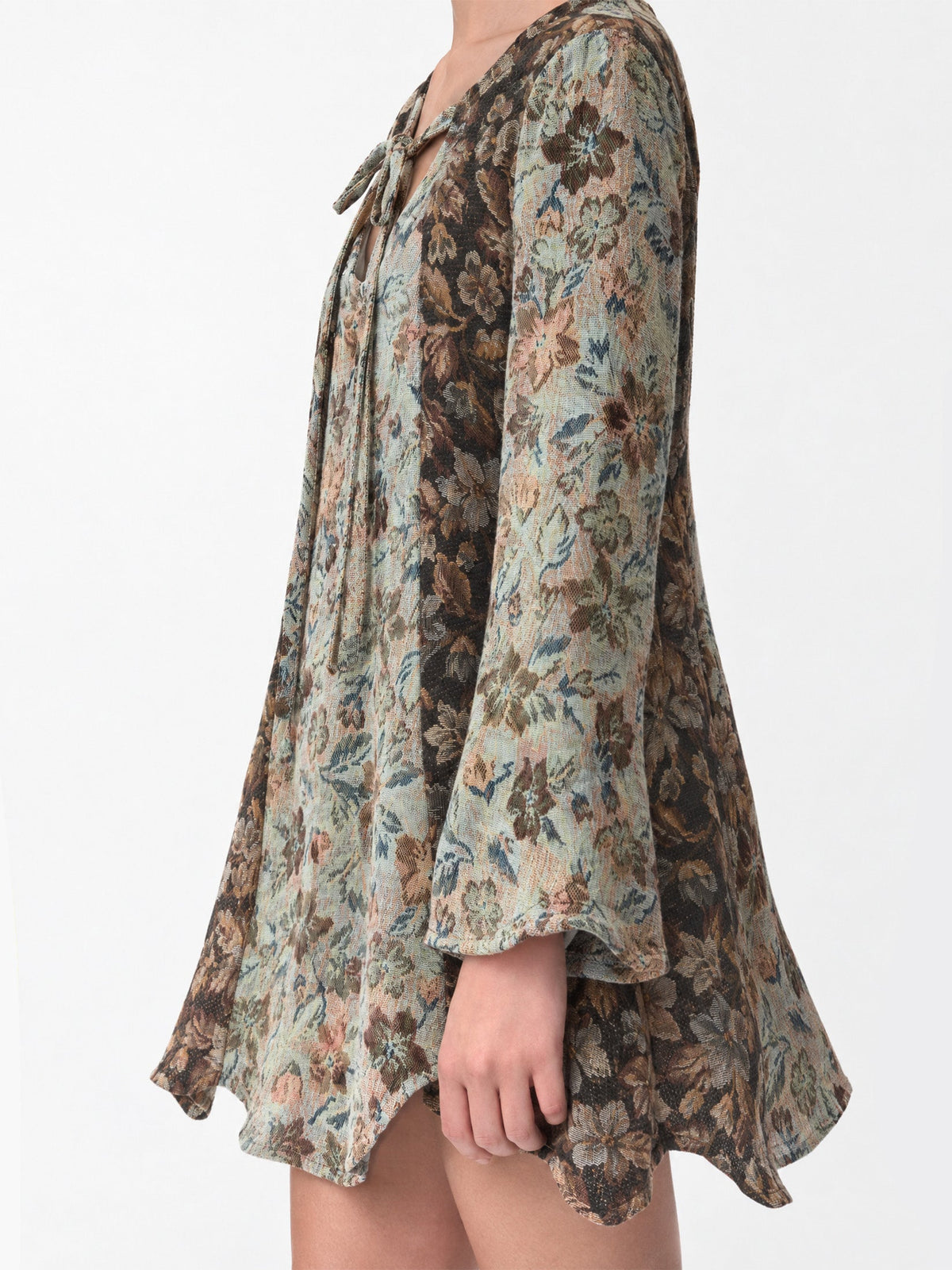 Women's floral patchwork mini dress with long flared sleeves and front tie neckline