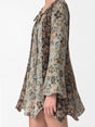 Women's floral patchwork mini dress with long flared sleeves and front tie neckline