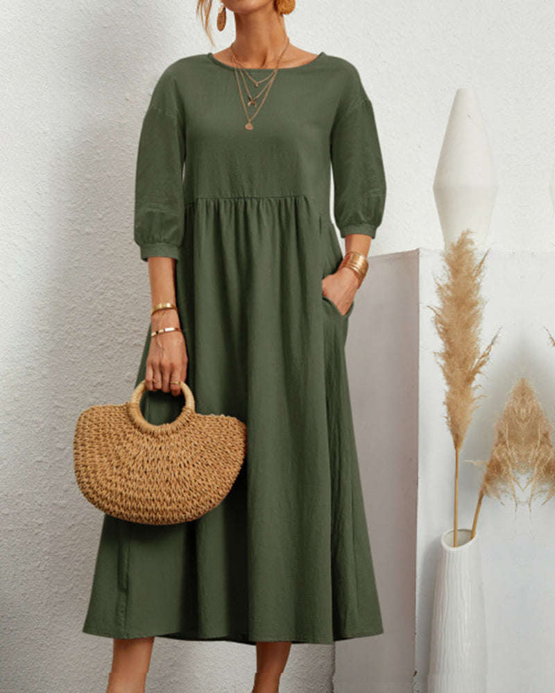 Women's plain A-line midi dress with round neck, 3/4 sleeves and side pockets