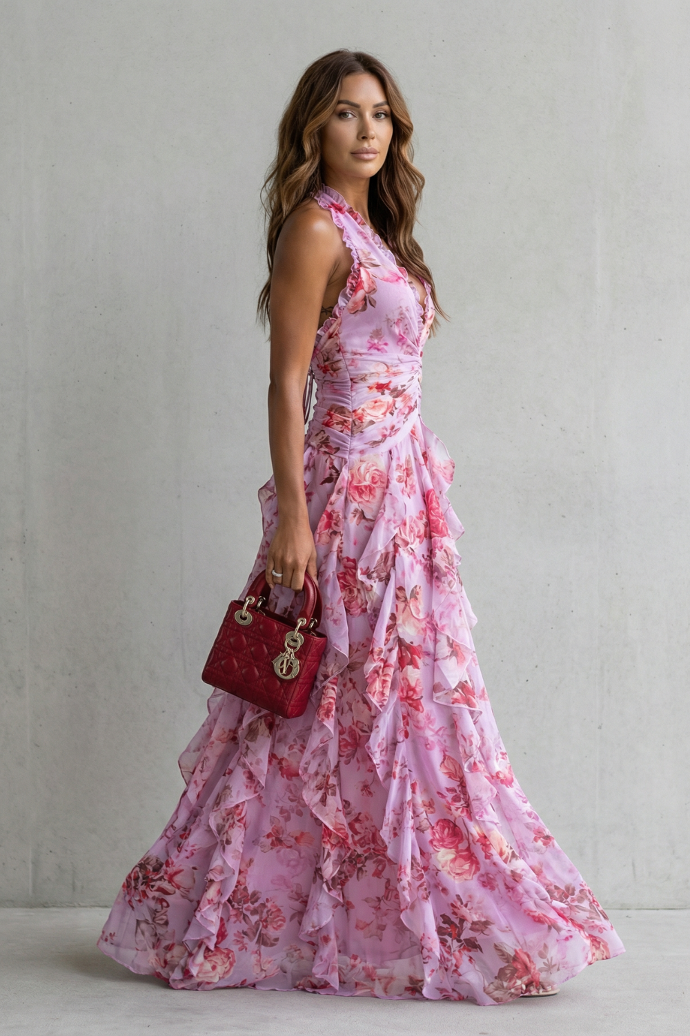 Vestido largo halter de flores de mujer con cintura fruncida y falda de volantes