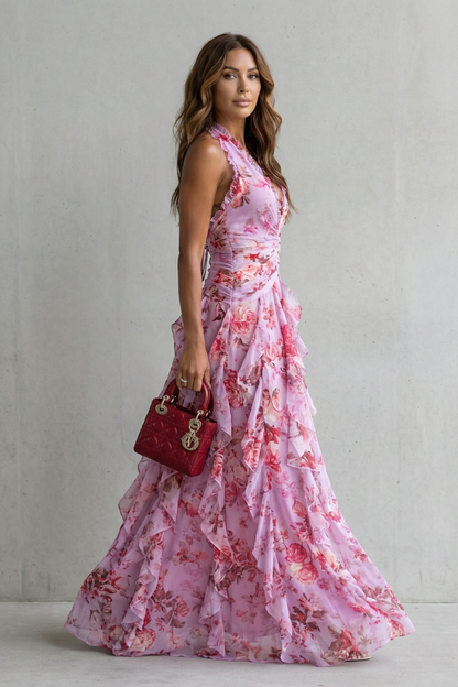 Vestido largo halter de flores de mujer con cintura fruncida y falda de volantes
