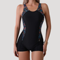 Women's modest one piece swimsuit with scoop neck and geometric side panels