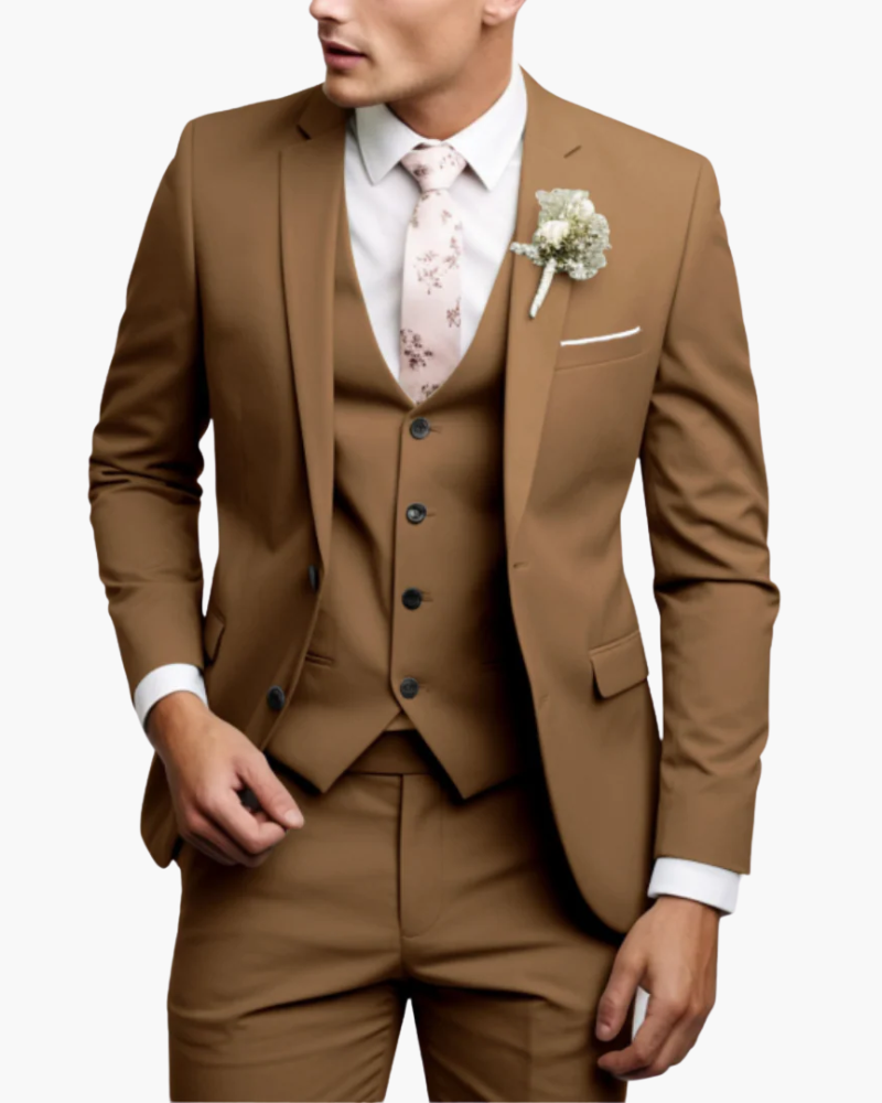 Men's slim fit three-piece suit with notched lapel jacket, button waistcoat and matching trousers