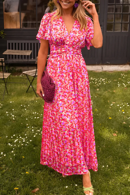 Women's floral maxi dress with V-neckline, short sleeves and defined waist