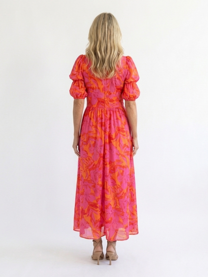Women's pink floral midi dress with V-neck and short puff sleeves