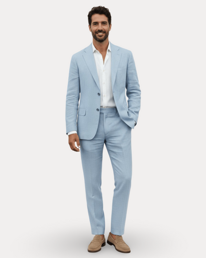 Men's tailored two-piece suit with notch lapel, long sleeves and matching trousers