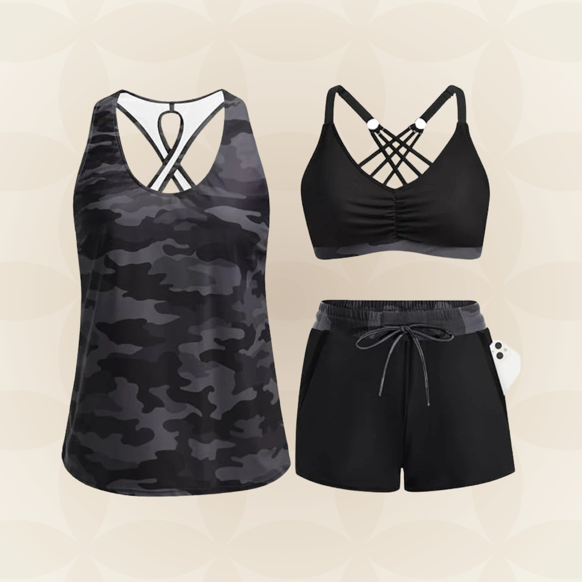 Women's palm print swimwear set with crossed back tops and drawstring shorts