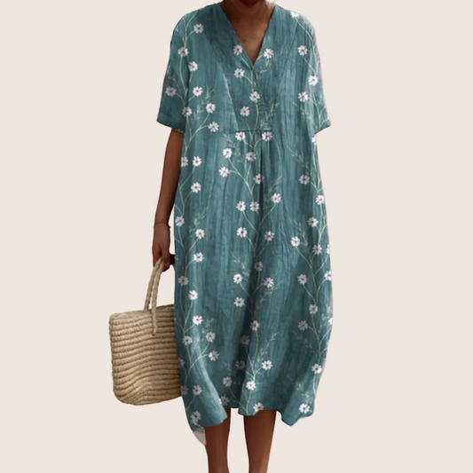 Vestido midi de flores de mujer con escote de pico, mangas cortas y botones delanteros
