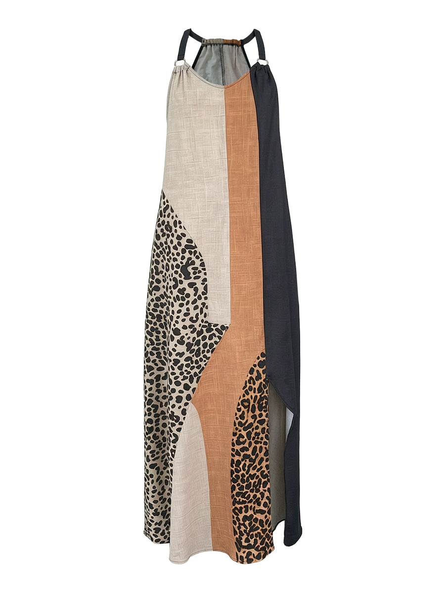 Vestido largo con cuello halter y paneles de leopardo de mujer, sin mangas y asimétrico