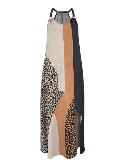 Vestido largo con cuello halter y paneles de leopardo de mujer, sin mangas y asimétrico