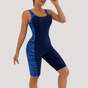Women's sleeveless one-piece swimsuit with leaf-patterned side panels and long shorts