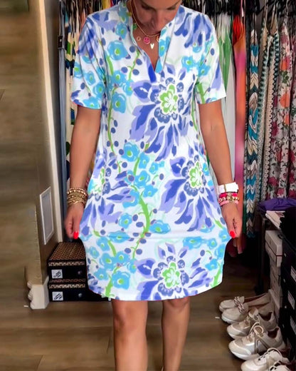 Women's multicoloured floral V-neck mini dress with short sleeves
