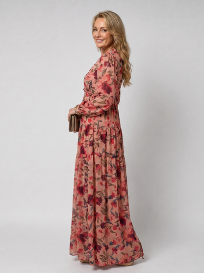 Women's floral tiered maxi dress with V-neckline and long sleeves