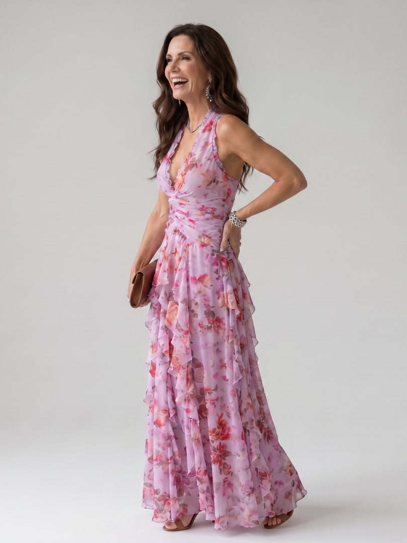 Women's floral halter maxi dress with ruched bodice and layered ruffled skirt