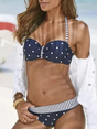Women's polka dot and striped bikini with sweetheart neckline and brief bottoms