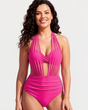 Women's halter bikini set with sheer mesh panels and high-waisted ruched briefs