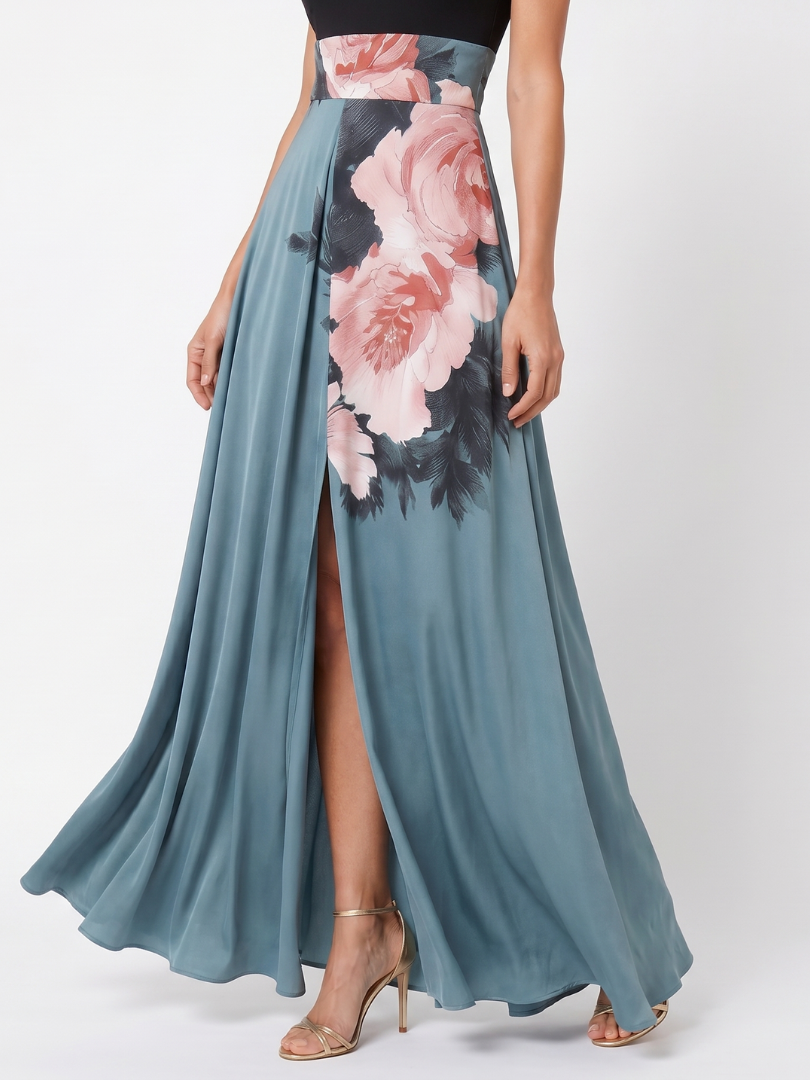 Women's floral halter maxi dress with sleeveless bodice and flowing split skirt