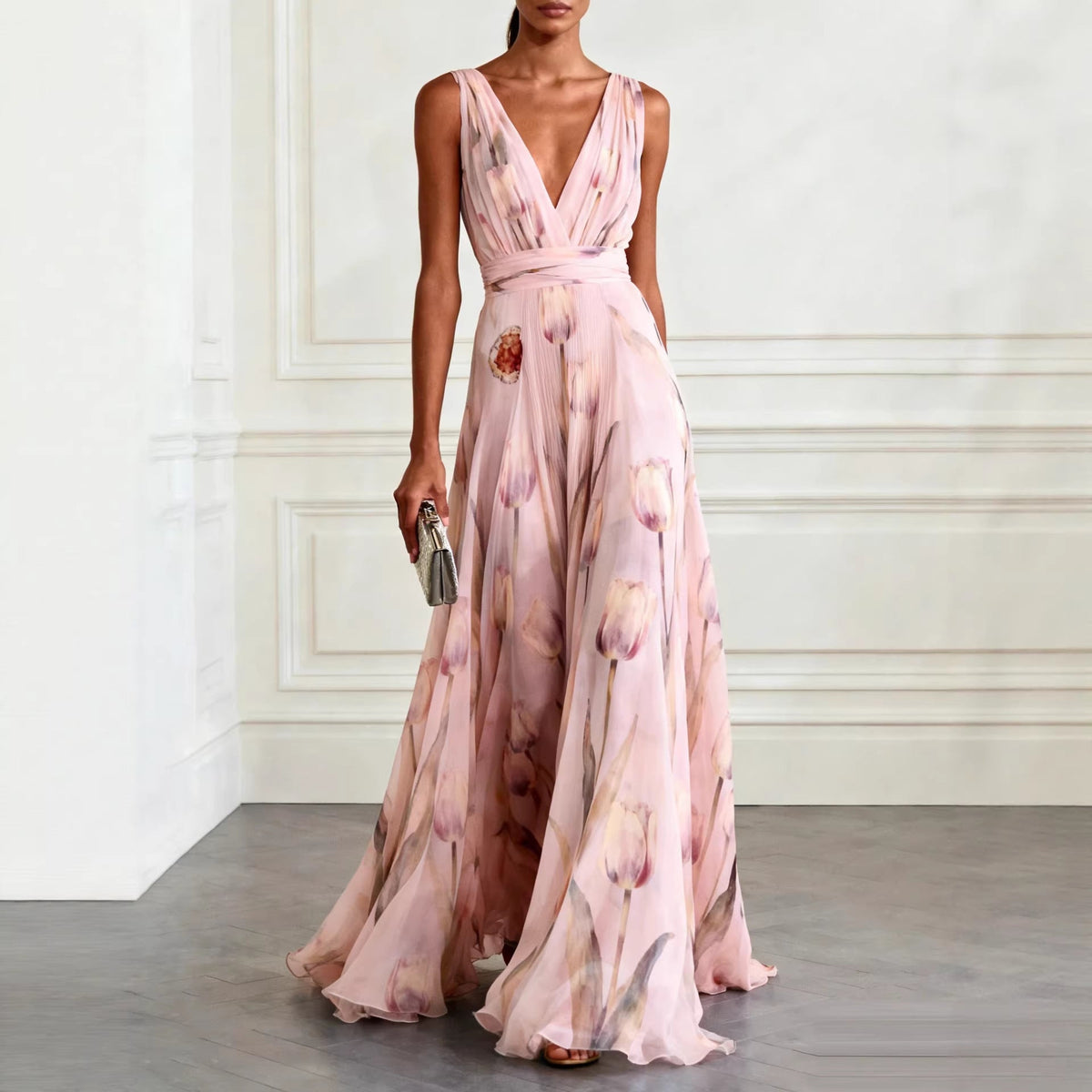 Women's sleeveless floral wrap maxi dress with a V-neckline and flowing full-length skirt