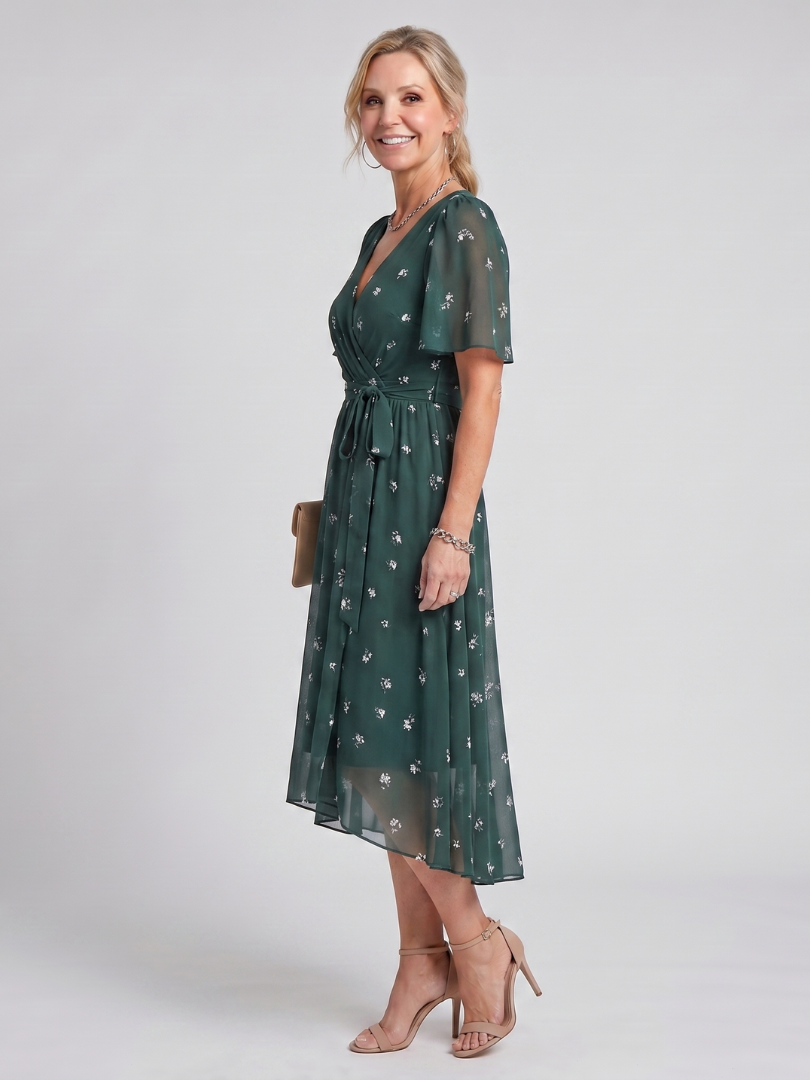 Women's floral wrap midi dress with flutter sleeves and tie waist