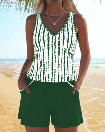 Women's striped V-neck two-piece swimsuit with sleeveless top and shorts