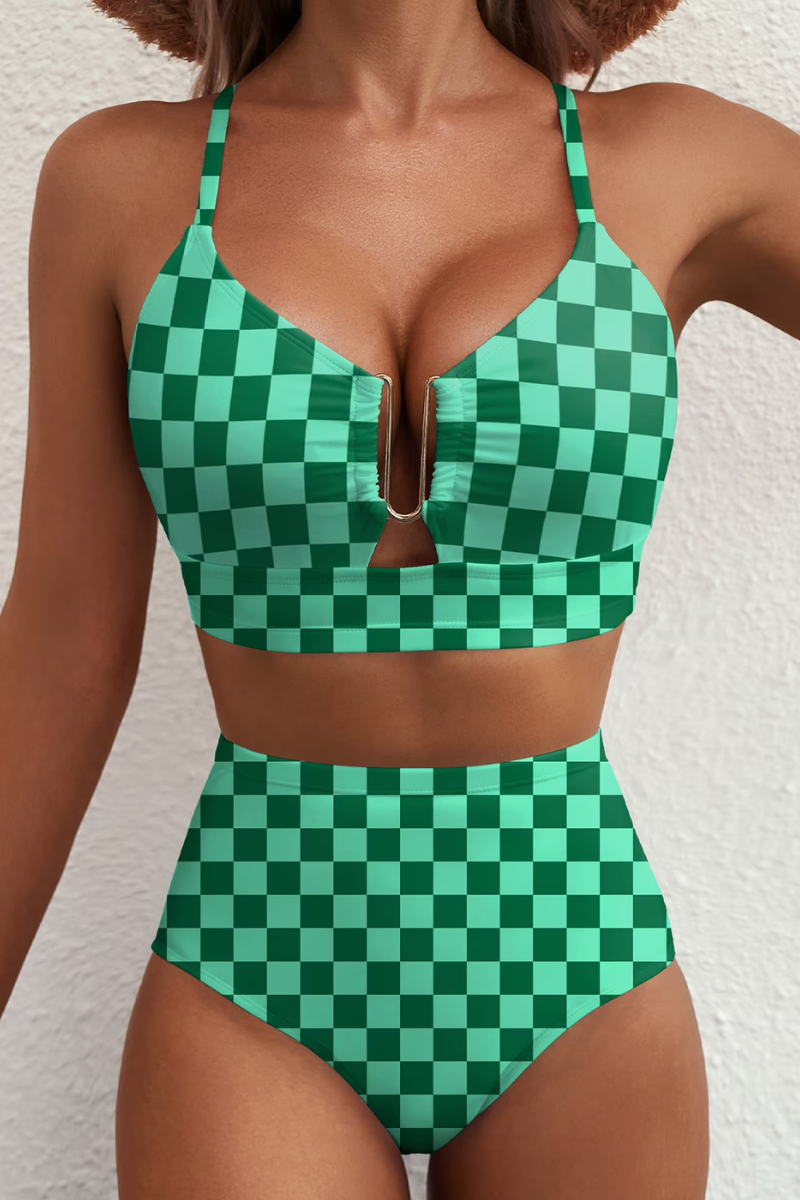 Women's patterned two-piece bikini with V-neck top, metallic centre trim and high-waisted bottoms