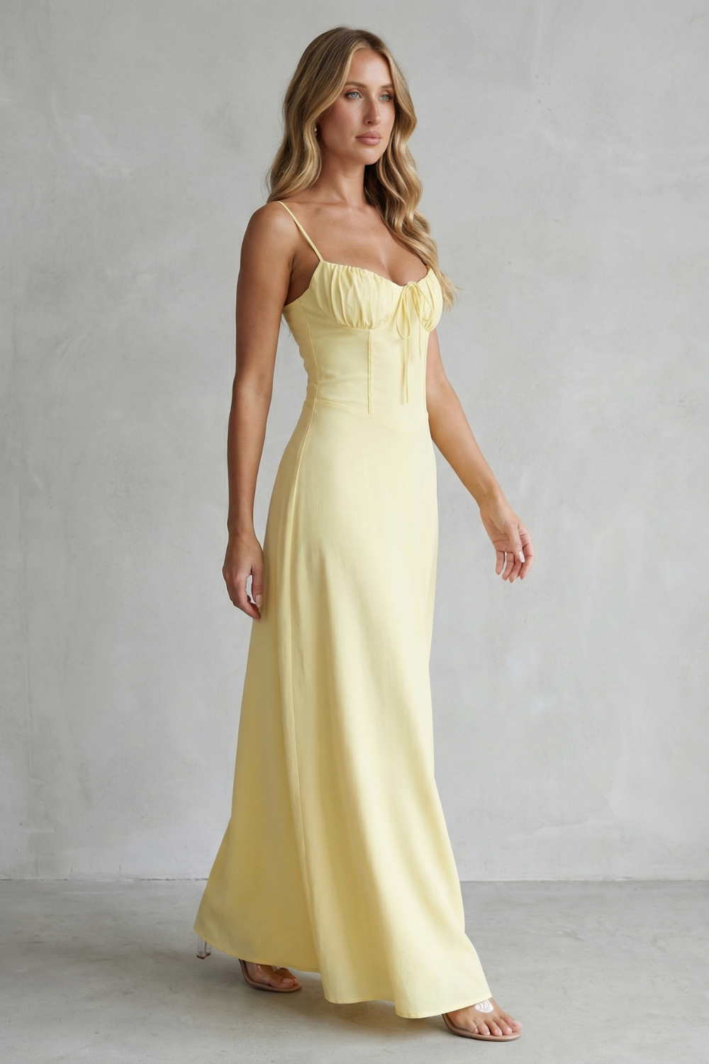 Women's sleeveless corset maxi dress with ruched cups and tie front